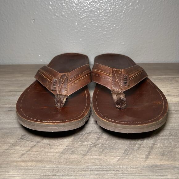 Reef Men's Sandals Size 12 Leather Reef Voyage LE Dark Brown Thongs Flip Flops - Picture 1 of 8